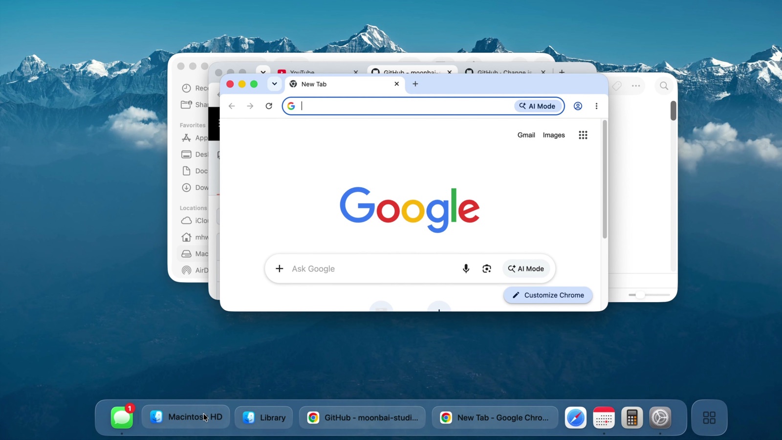 Stacked Chrome windows on the desktop; the taskbar shows each Chrome window with its own title
